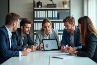 Groupe de professionnels discutant autour d'une tablette avec dashboard Urbamate