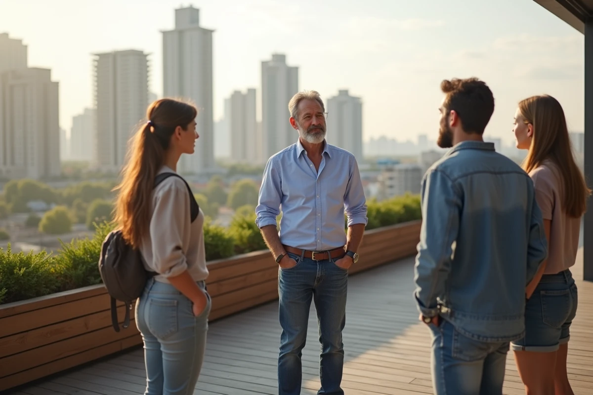 Groupe de personnes discutant sur un toit avec vue urbaine
