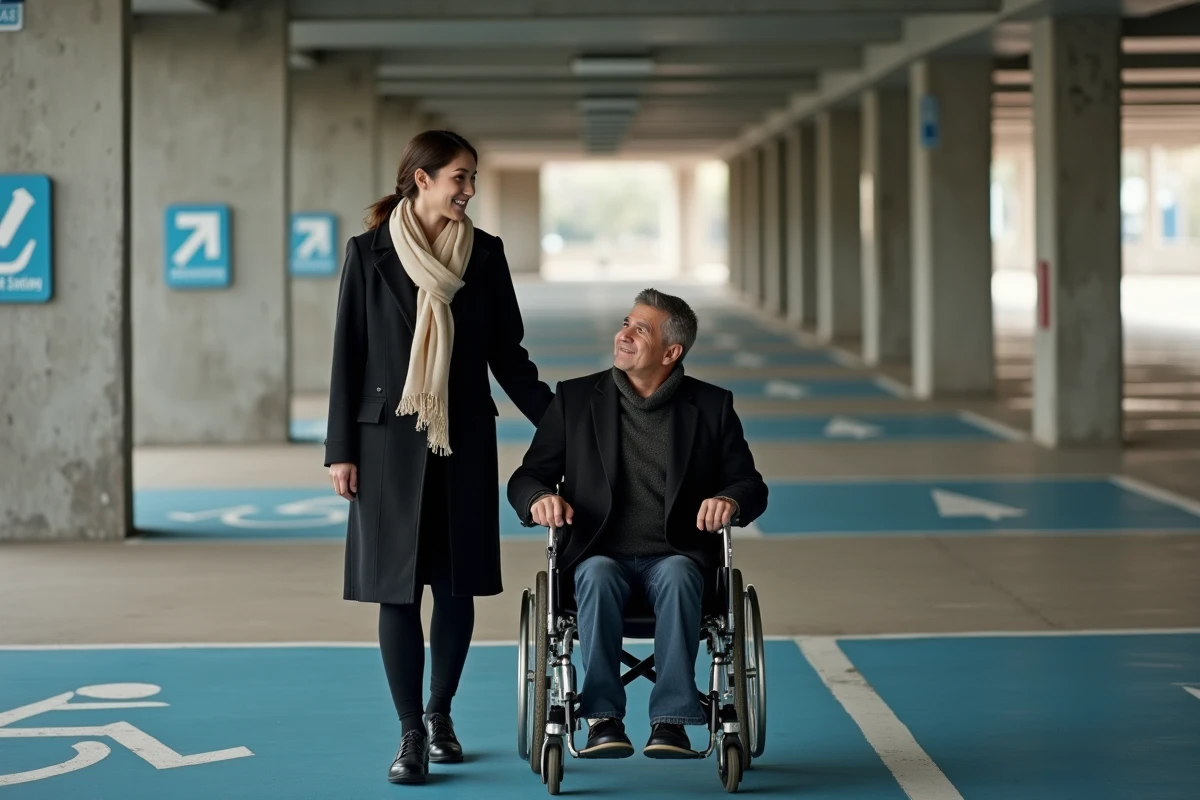 Femme guidant personne en fauteuil dans parking accessible moderne