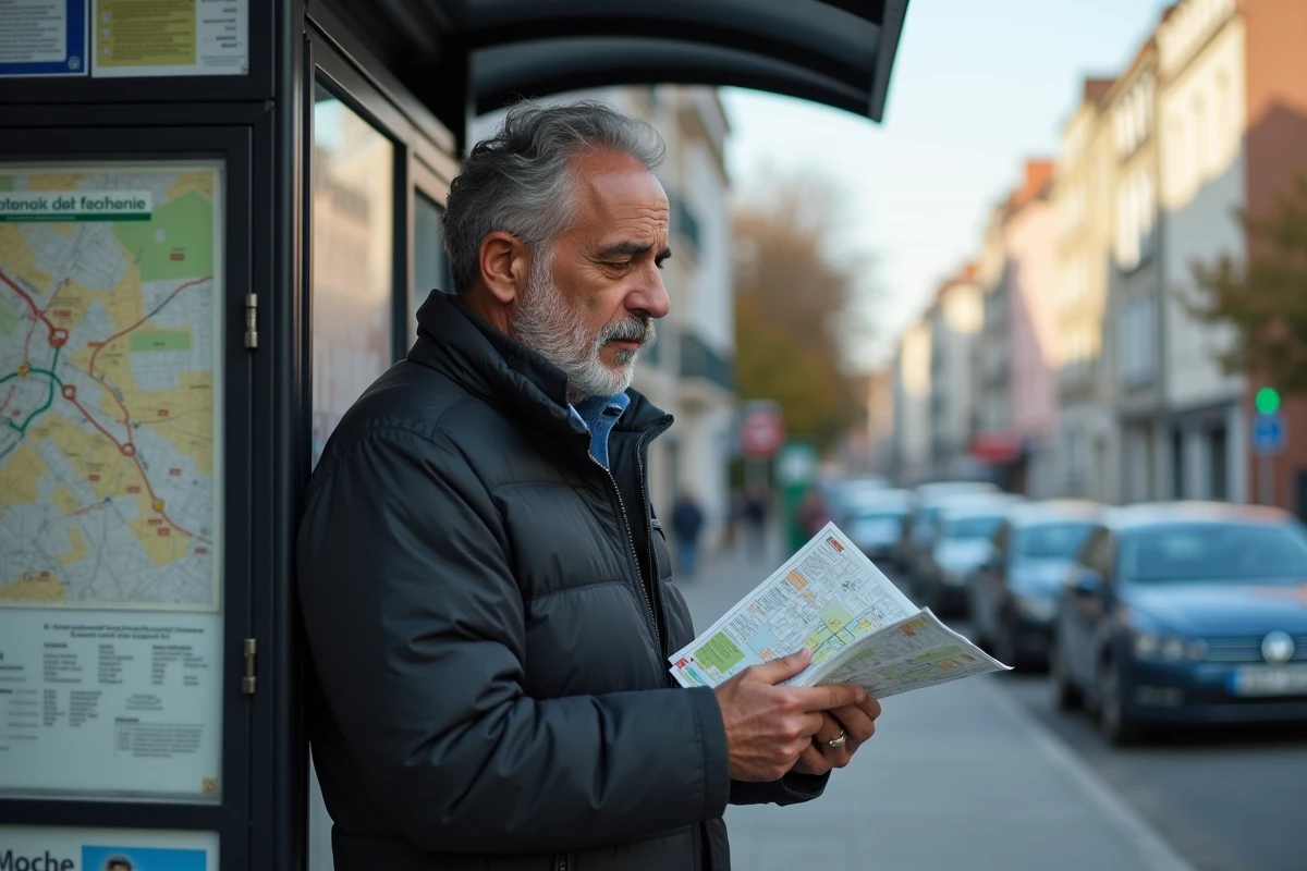 Habitant consultant une carte de quartier à un arrêt de bus à Maison-Alfort