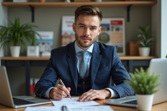 Jeune homme en costume calculant rendement locatif