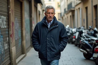 Homme d'âge moyen marchant prudemment dans une rue graffitée de Mille