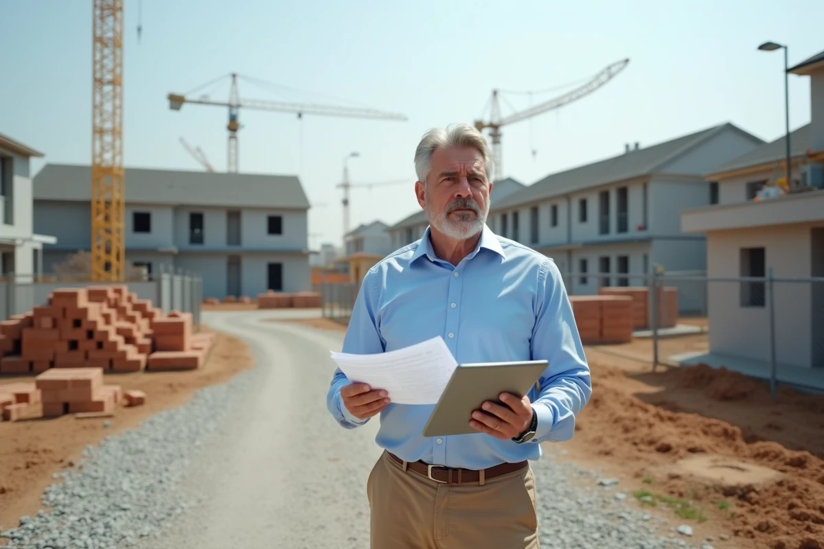 Homme surveillant un chantier de construction avec tablette et documents