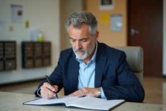 Homme concentré examinant un registre dans un hall de condo