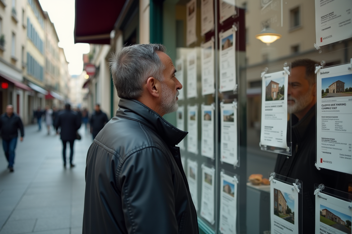 Homme regarde des annonces immobilières dans la vitrine d