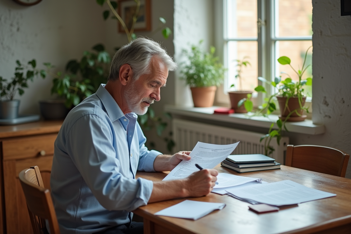Homme lisant un contrat de location à la table de cuisine