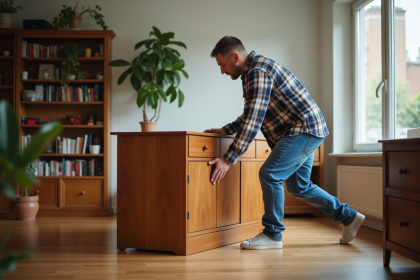 Homme en jeans déplaçant un meuble en bois dans un salon lumineux