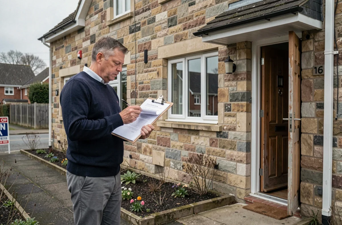 Homme consultant un dossier de devis assurance devant la façade d'une maison vide en milieu pavillonnaire