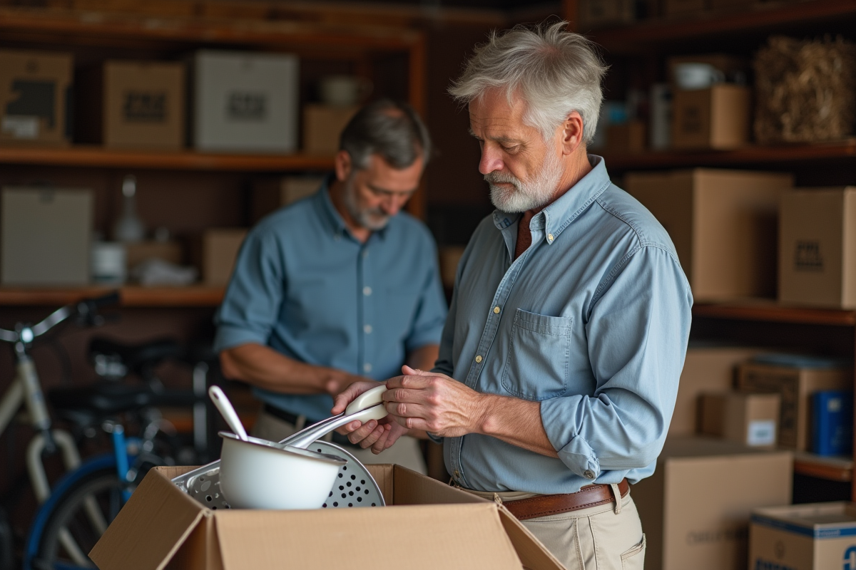 Homme âgé emballant de la vaisselle dans un garage organisé