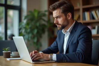 Homme en blazer blanc examine un simulateur immobilier