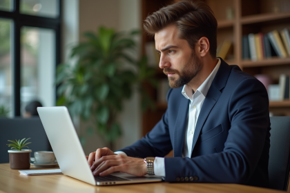 Homme en blazer blanc examine un simulateur immobilier