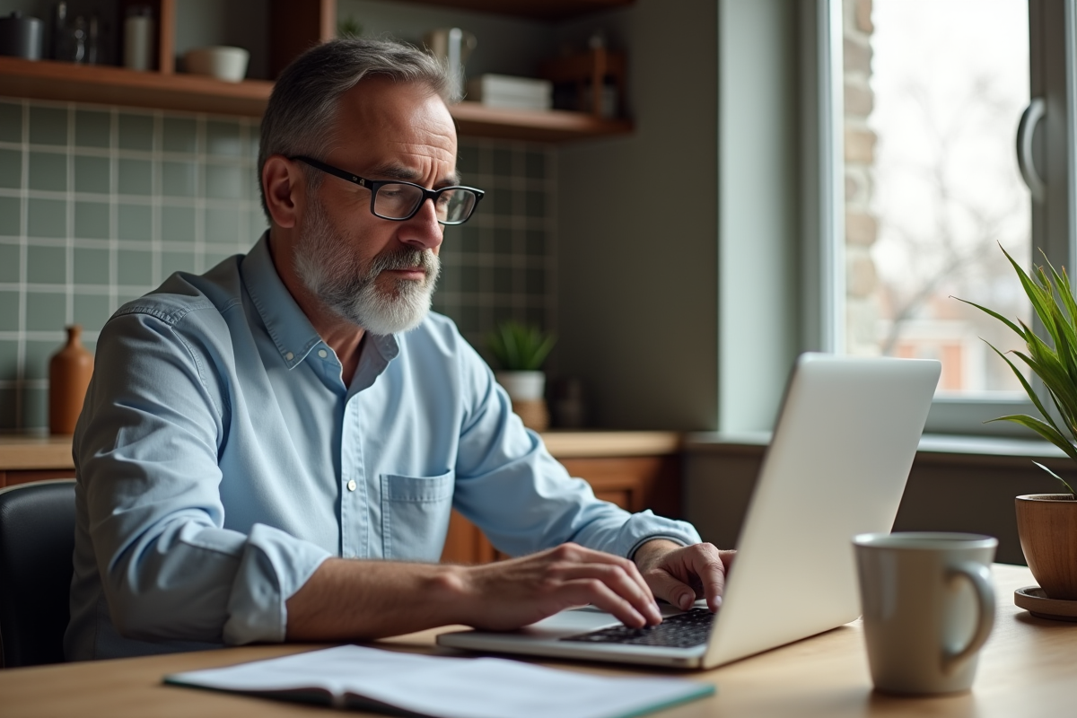 Homme d age vérifiant feuilles de calcul immobilières