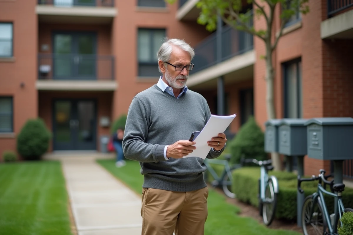 Homme d age vérifiant des documents de location devant un immeuble