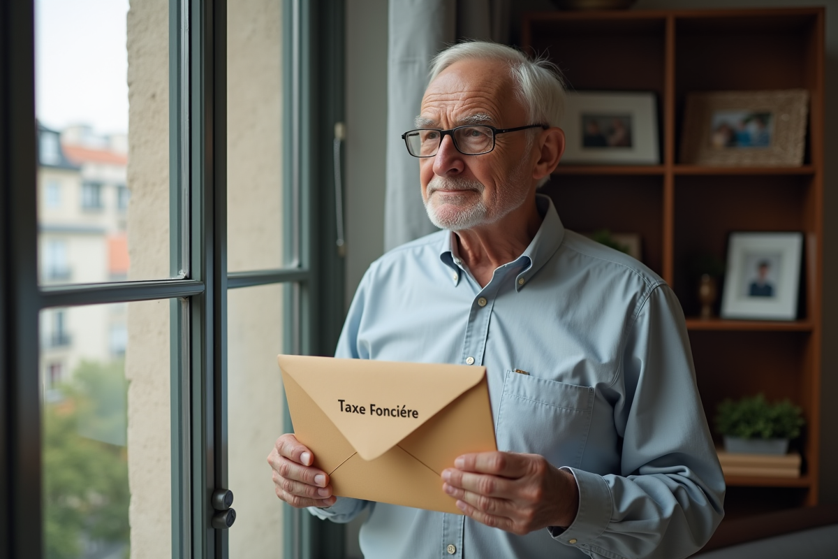 Homme âgé regardant une enveloppe de taxe foncière près de la fenêtre