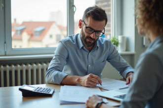 Homme d'âge moyen organisant ses reçus de location