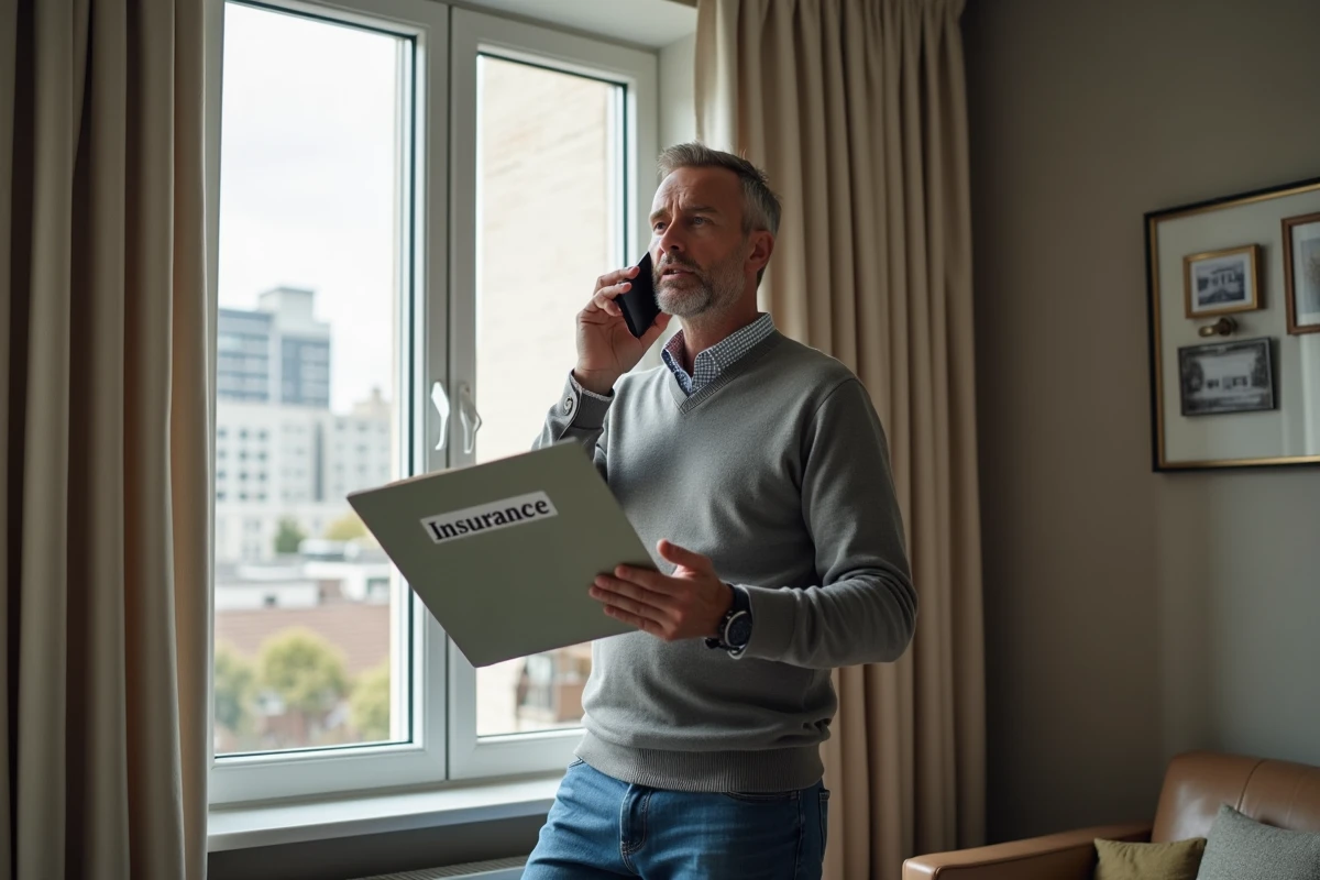 Homme en sweater parle au téléphone avec dossier assurance