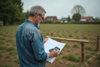 Homme d'âge moyen avec carnet et calculatrice étudie un plan sur un terrain rural