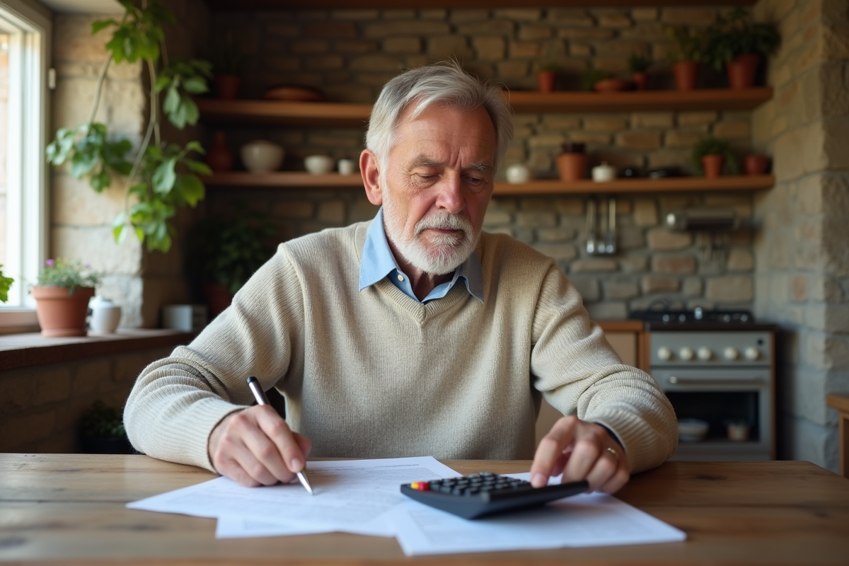 Homme d'environ 60 ans examine ses papiers financiers dans une maison chaleureuse