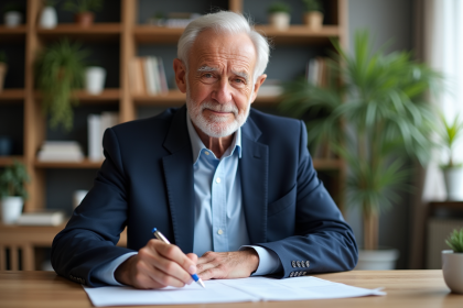 Homme senior en blazer bleu examine des documents financiers