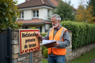 Homme en veston examine un panneau de travaux en extérieur