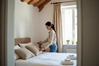 Hôte Airbnb préparant une chambre saisonnière en arrangeant les oreillers et les serviettes pour accueillir des voyageurs