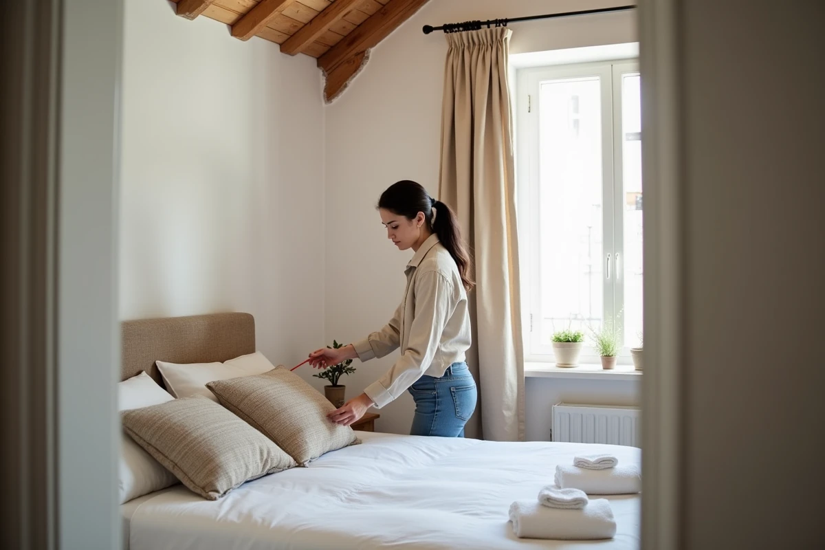 Hôte Airbnb préparant une chambre saisonnière en arrangeant les oreillers et les serviettes pour accueillir des voyageurs