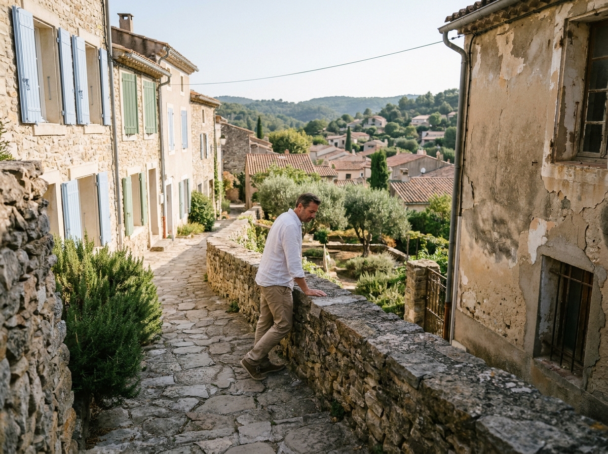 Homme inspectant une ruelle résidentielle en pente d'un village héraultais pour comparer l'état des maisons et des quartiers