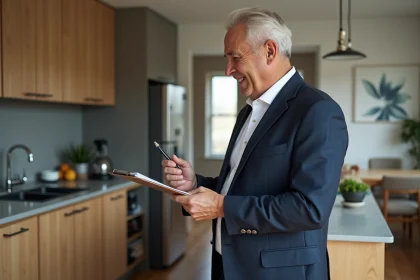 Homme d'âge moyen inspectant une cuisine moderne
