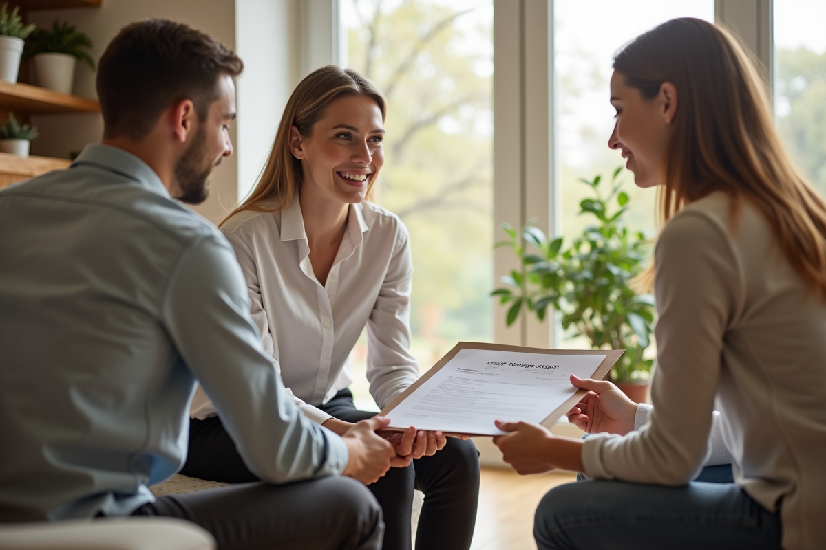 Femme discutant avec un couple dans un salon lumineux