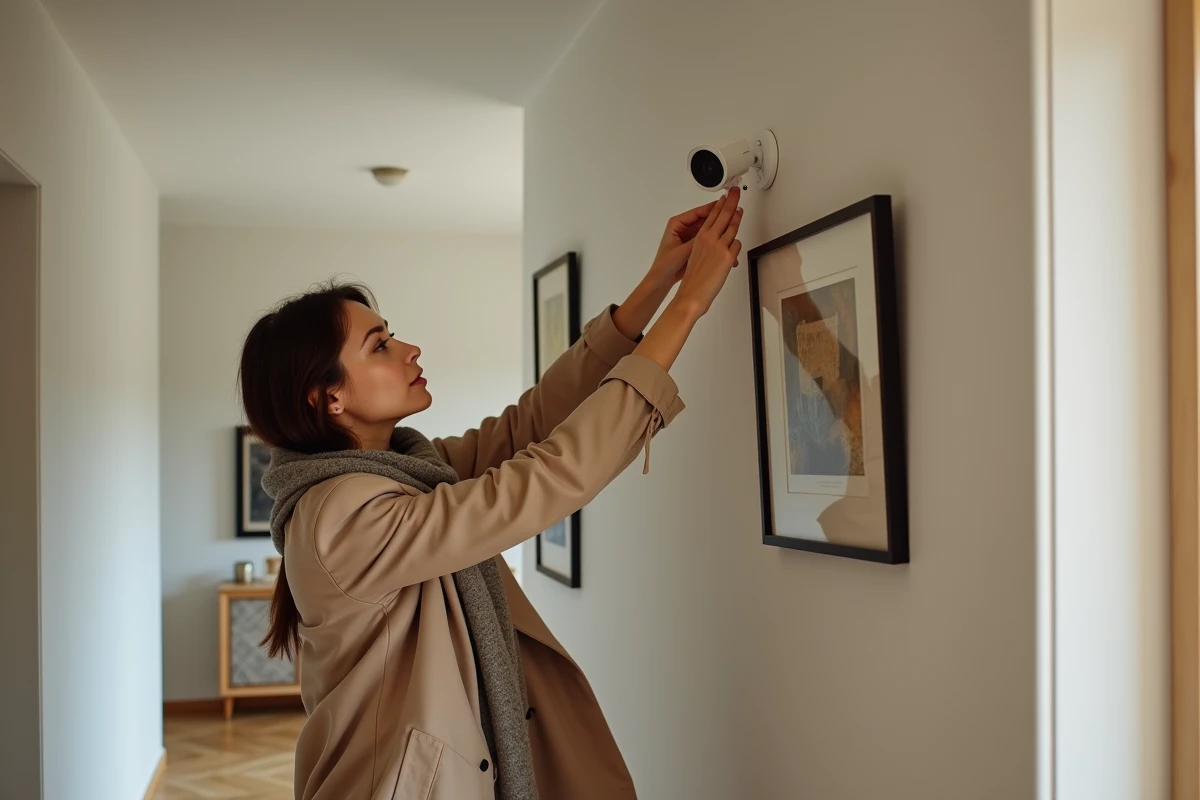 Femme installant une camera de securite dans un hall