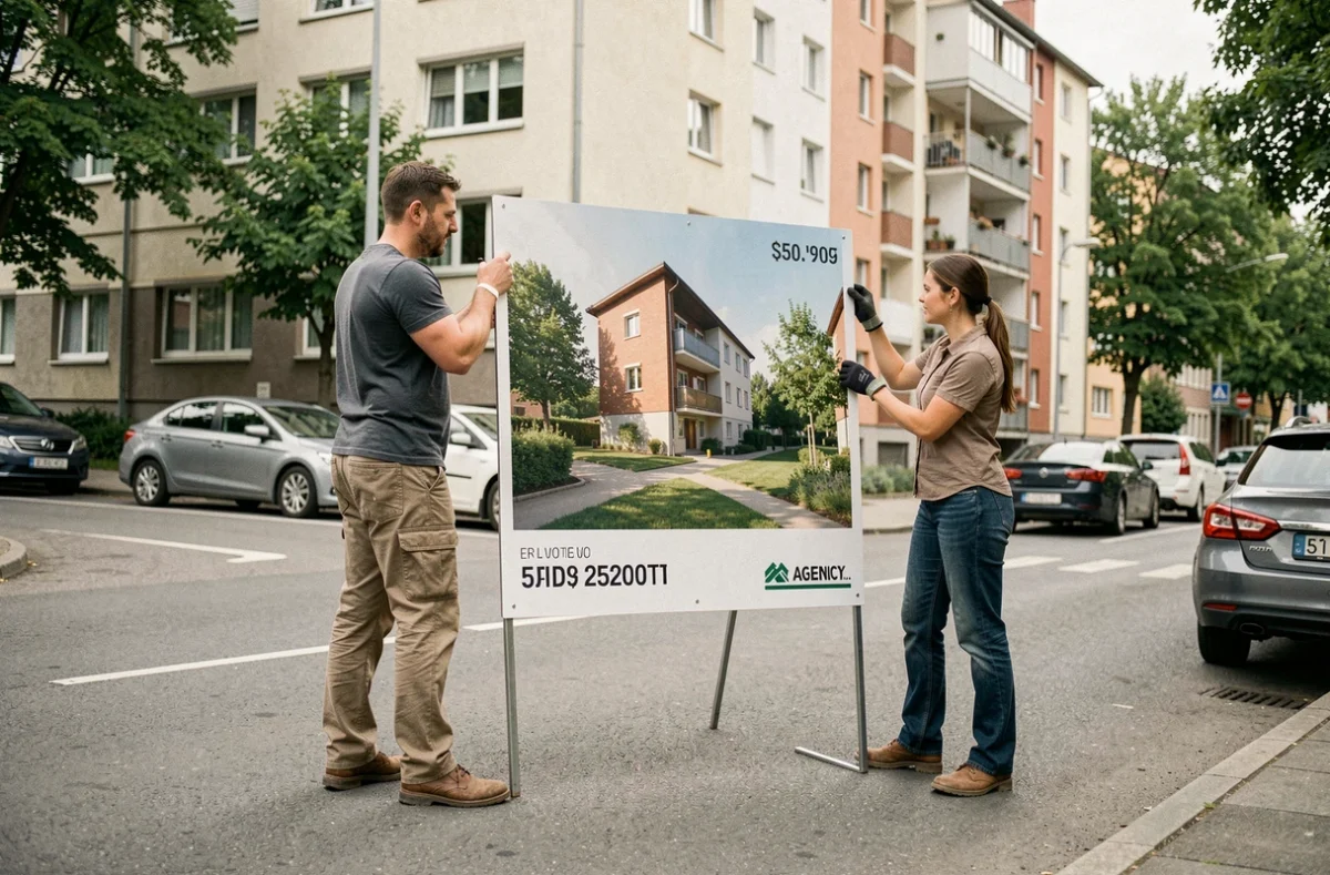 Deux techniciens installant un panneau immobilier grand format devant un immeuble résidentiel