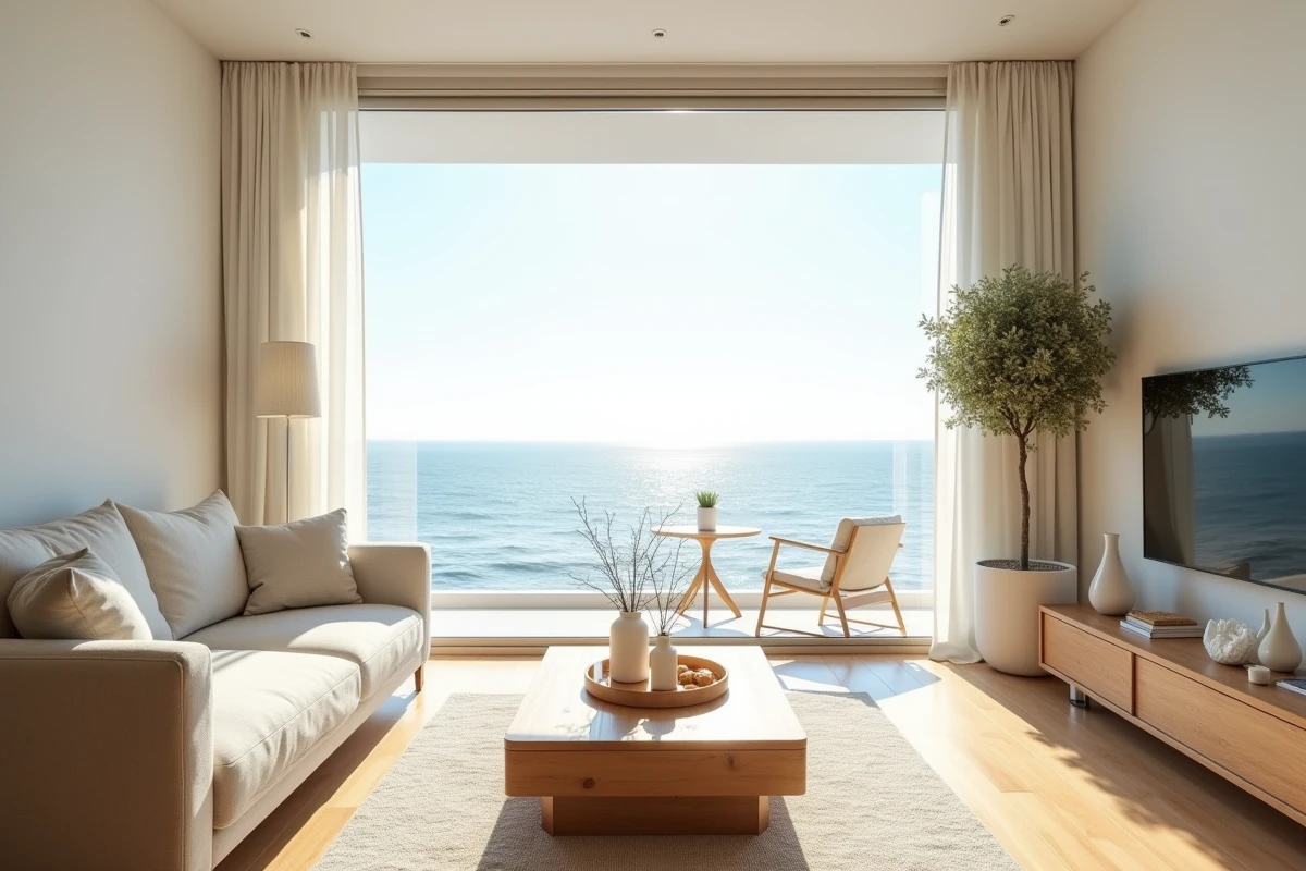Intérieur lumineux d'un appartement vue mer avec grandes baies vitrées ouvrant sur l'océan, décoré dans des tons neutres et naturels