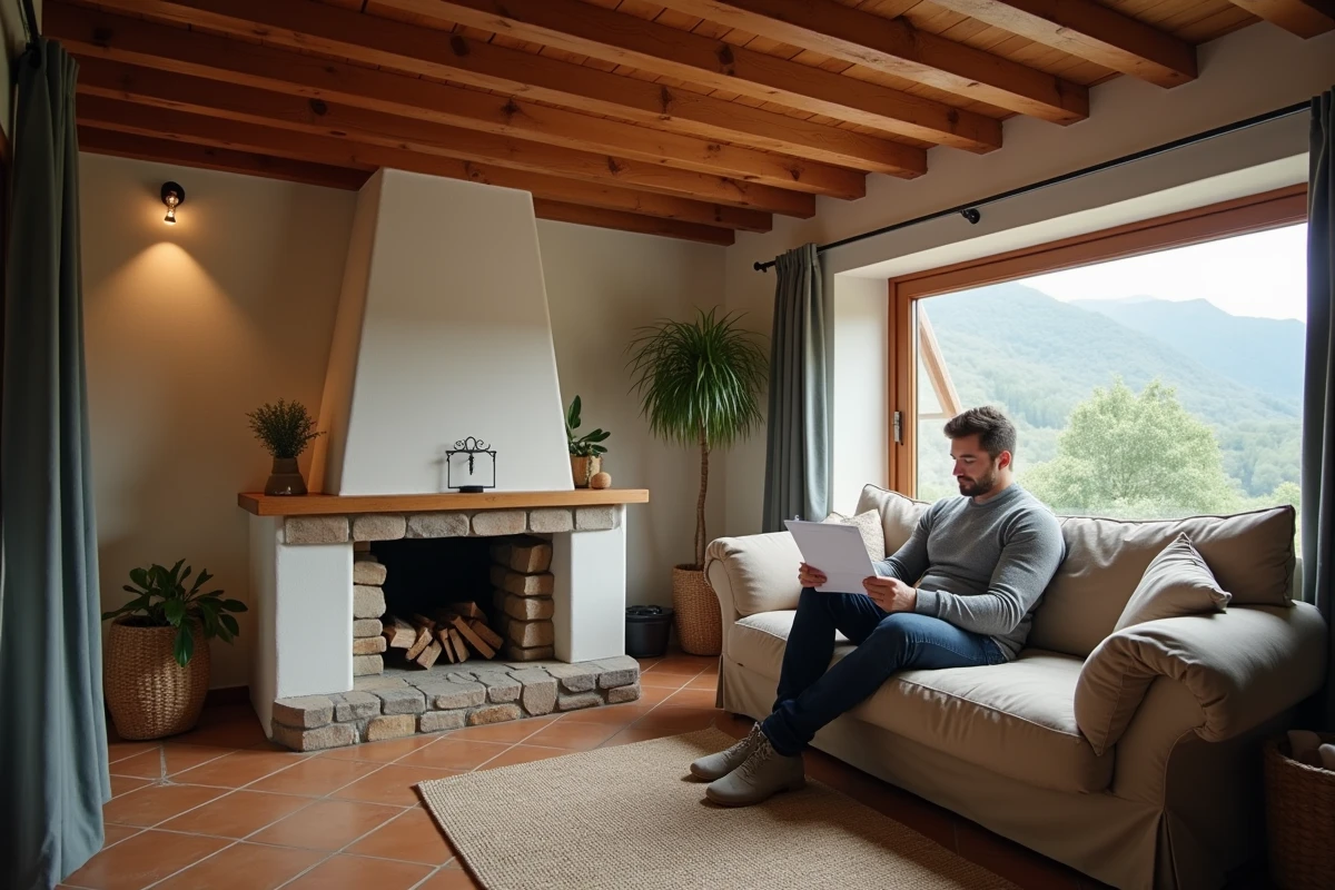 Intérieur rustique d'une petite maison à louer dans les Hautes-Pyrénées avec vue sur jardin et montagne