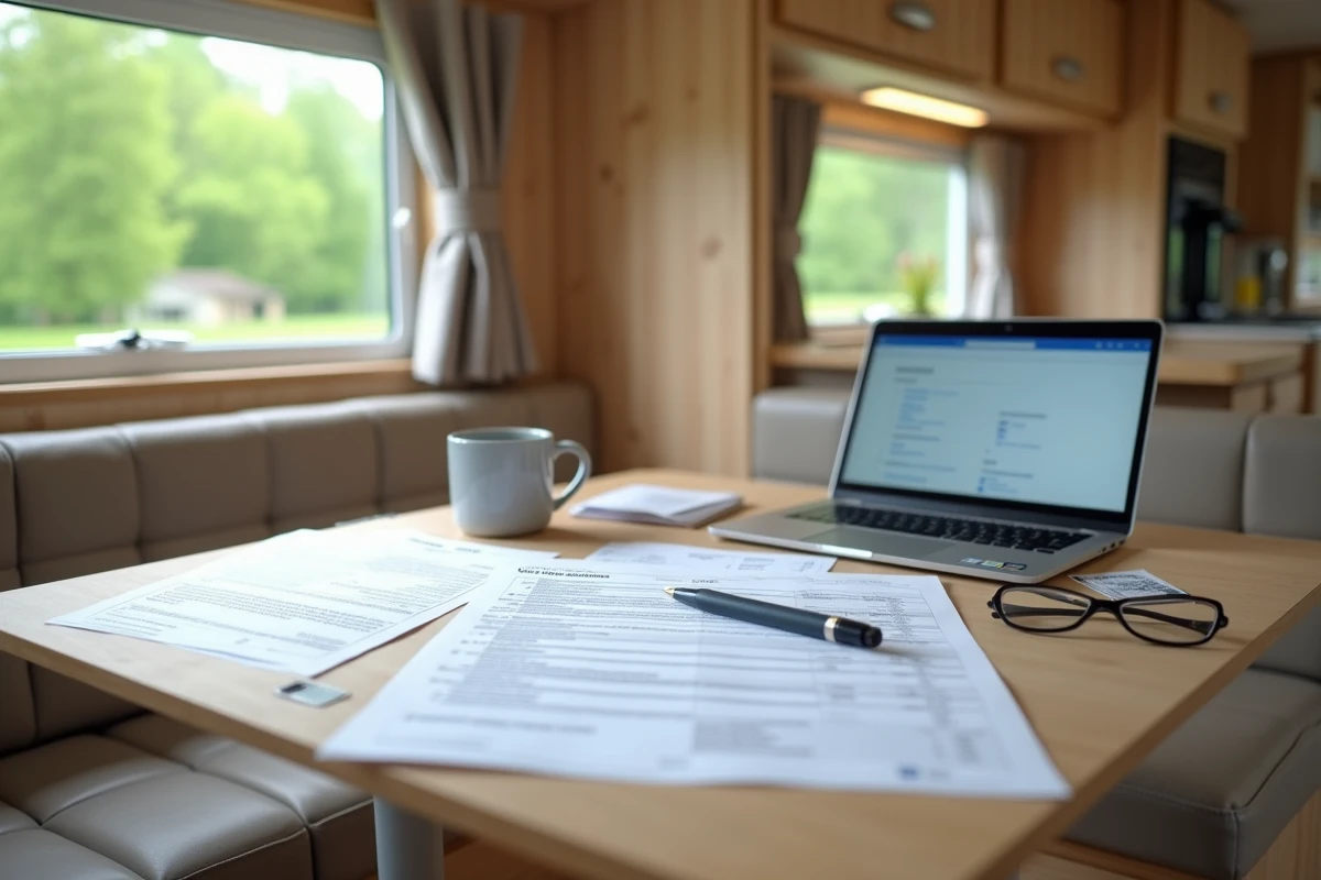 Intérieur de mobil home avec documents fiscaux LMNP et déclaration de revenus pour résidence secondaire posés sur une table