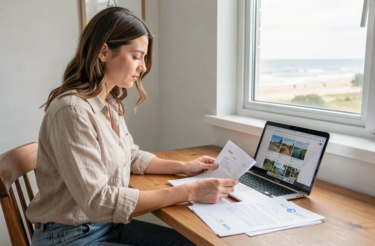Femme analysant des documents immobiliers pour un investissement locatif en bord de mer avec un petit budget