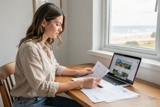 Femme analysant des documents immobiliers pour un investissement locatif en bord de mer avec un petit budget
