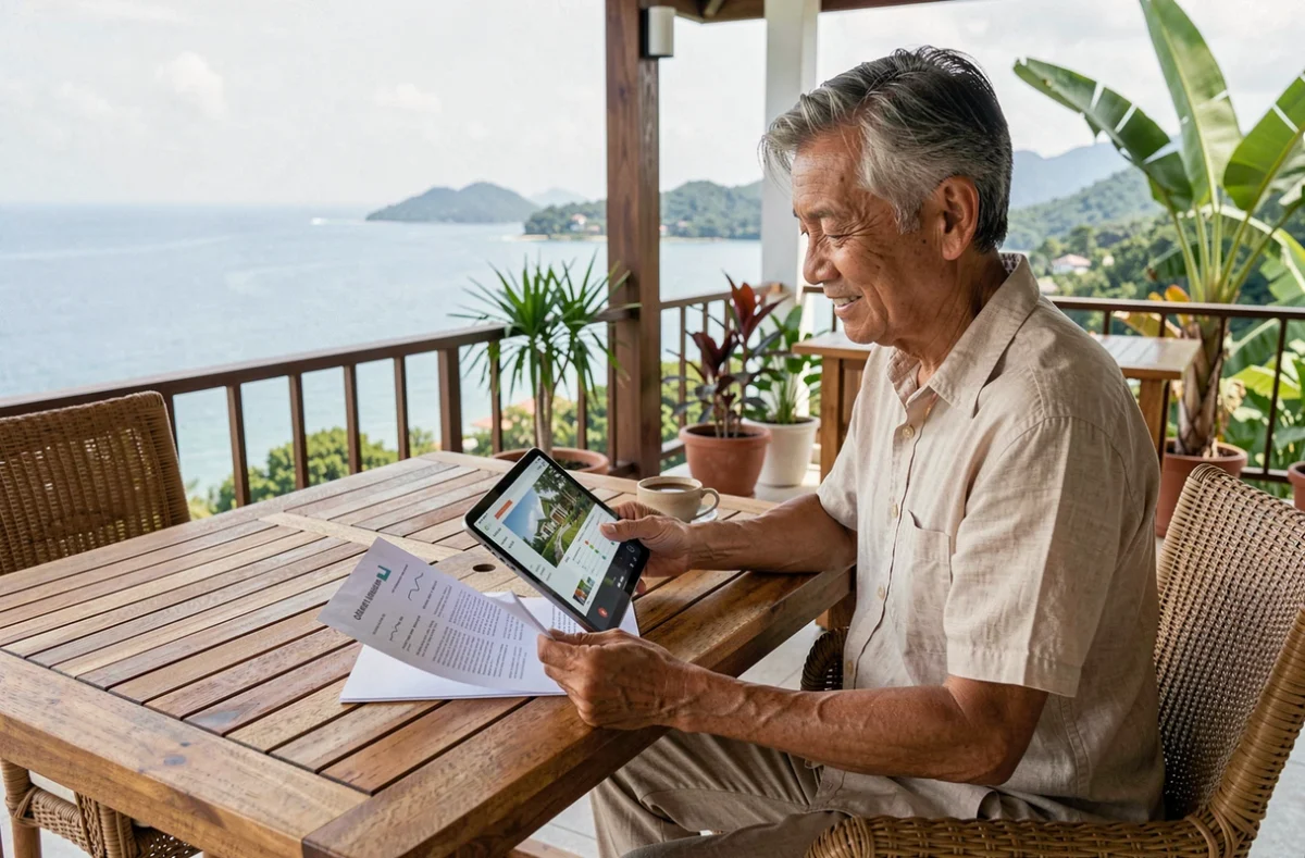 Retraité étudiant un investissement immobilier dans une villa à Koh Samui sur une terrasse vue mer