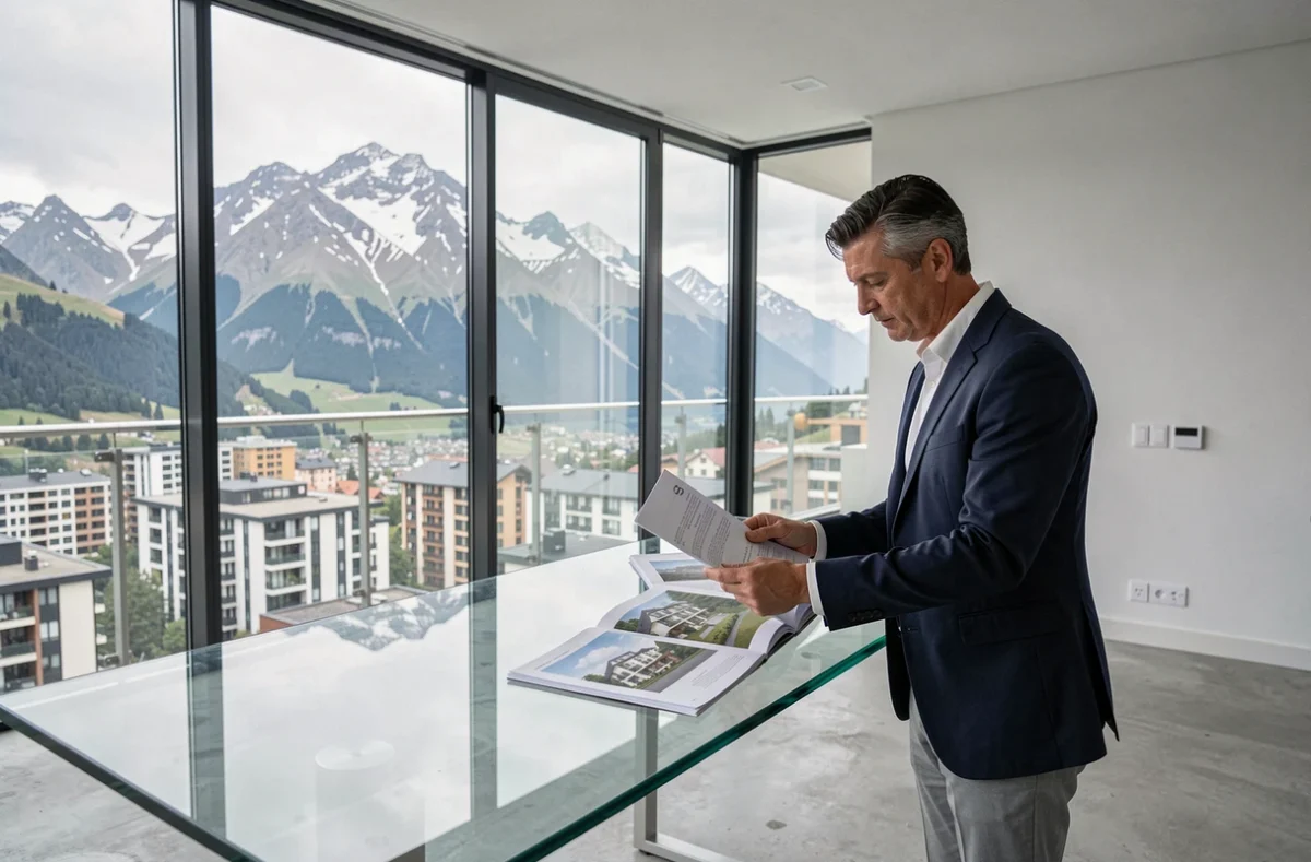 Investisseur immobilier examinant des documents d'achat d'appartement en Andorre avec vue sur les Pyrénées