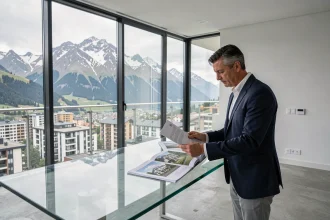 Investisseur immobilier examinant des documents d'achat d'appartement en Andorre avec vue sur les Pyrénées