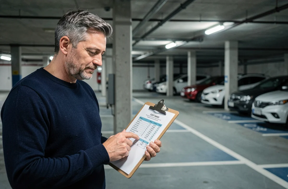 Investisseur immobilier évaluant les frais de notaire dans un parking souterrain