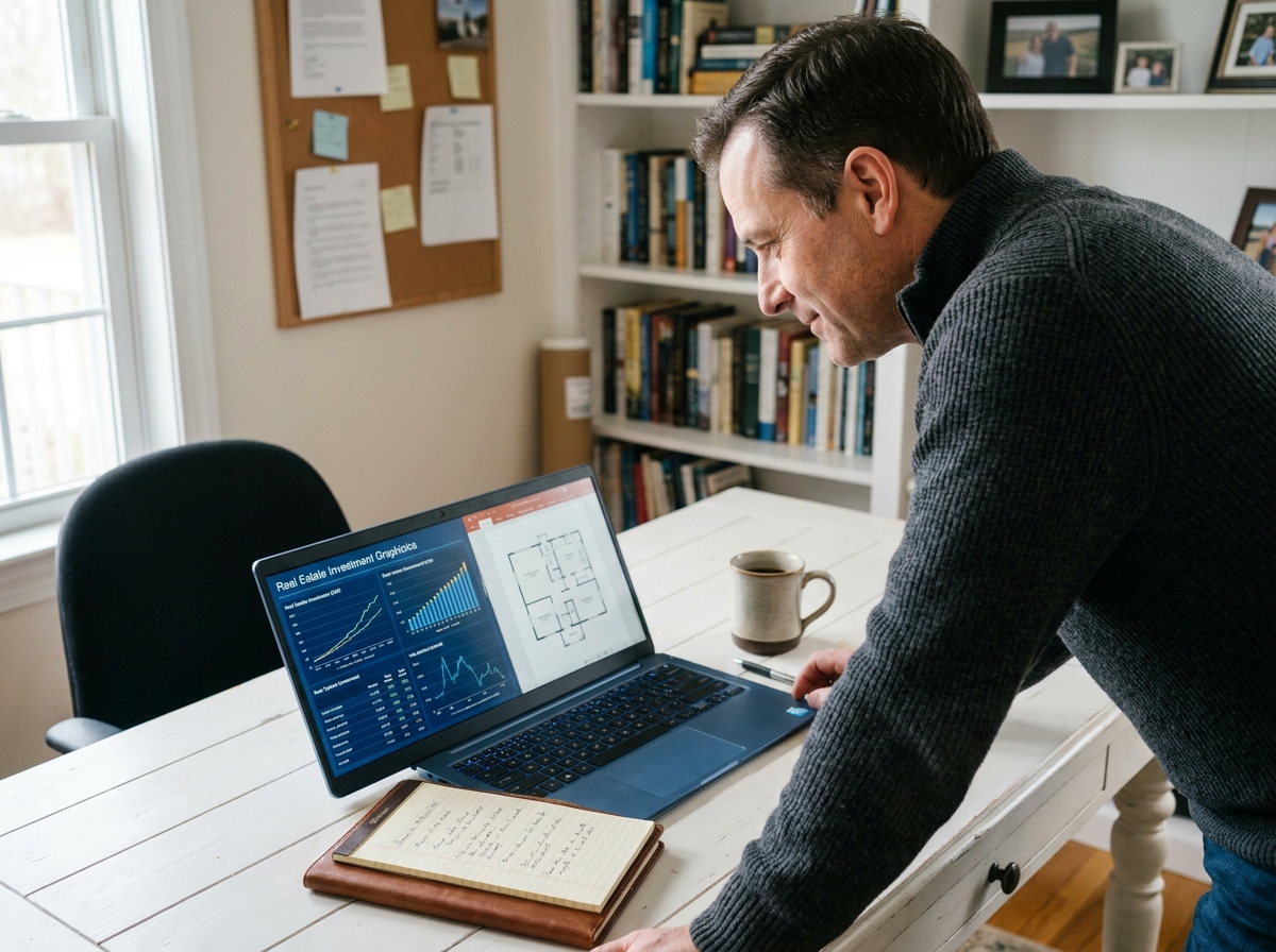 Investisseur particulier consultant un tableau de bord immobilier en ligne dans son bureau à domicile, accompagné par Timo Conseil