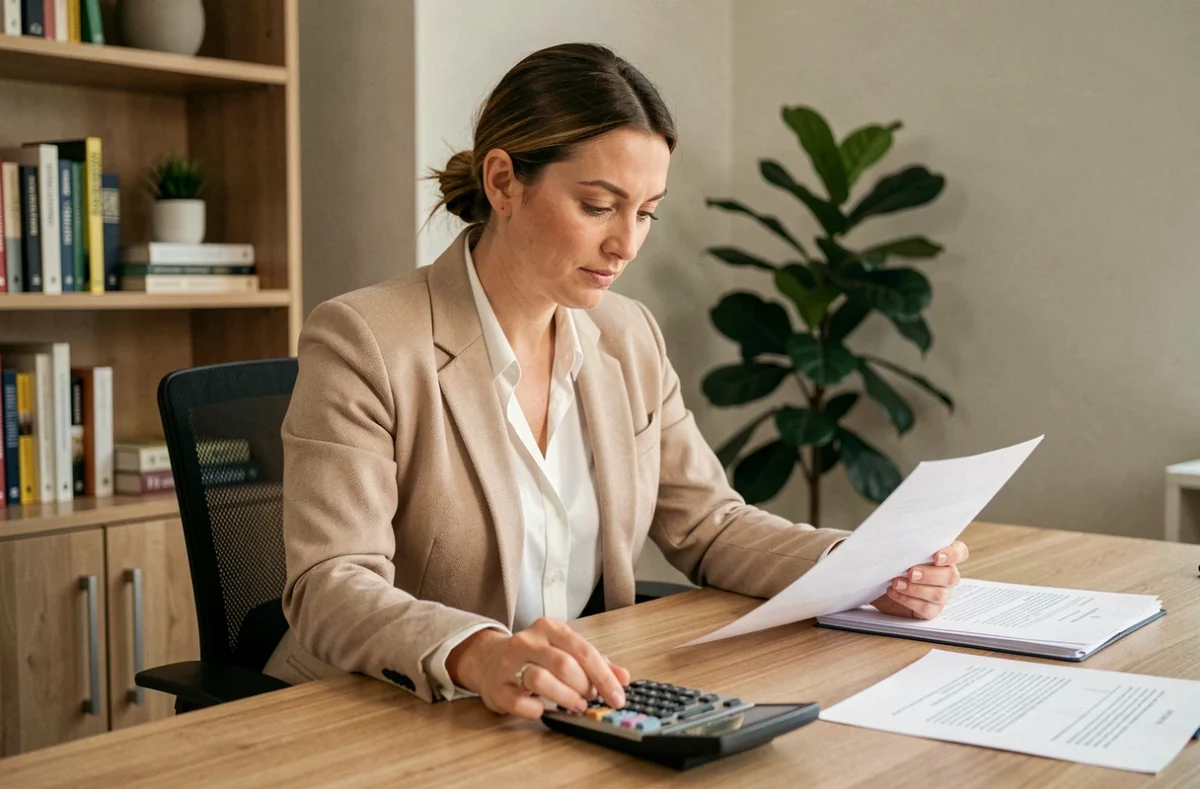 Investisseuse débutante analysant des documents de frais de notaire pour un achat de parking
