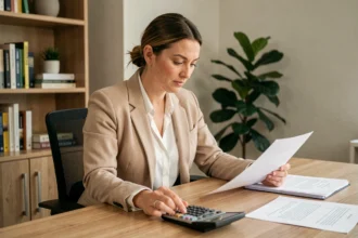Investisseuse débutante analysant des documents de frais de notaire pour un achat de parking