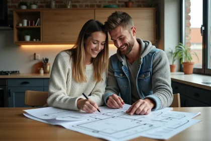 Jeune couple examine plans dans un appartement lumineux