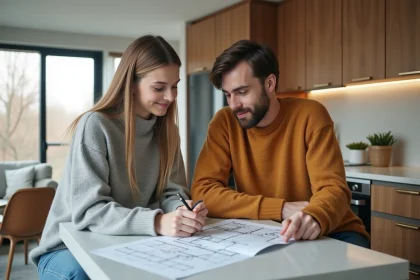 Jeune couple regardant un plan dans une cuisine moderne
