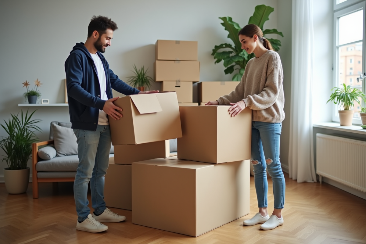 Jeune couple préparant un déménagement dans un salon organisé