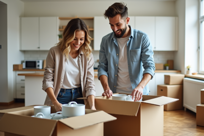 Jeune couple emballant de la vaisselle dans un appartement moderne