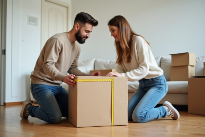 Jeune couple mesurant une grande boîte de déménagement