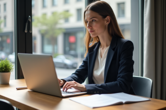 Jeune femme professionnelle analyse calculs de rendement locatif