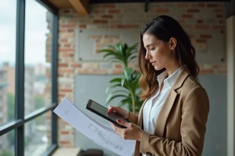 Jeune femme d'affaires examine plans dans un appartement moderne